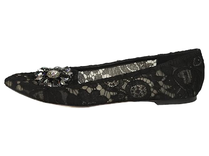 Dolce & Gabbana Chaussures plates en dentelle noire ornées de bijoux - taille EU 41.5 Cuir  ref.1319847