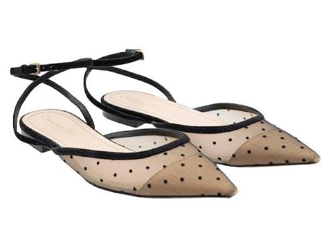 Dior Black Mesh Polka Dot Ankle Strap Sandals Leather  ref.1319875