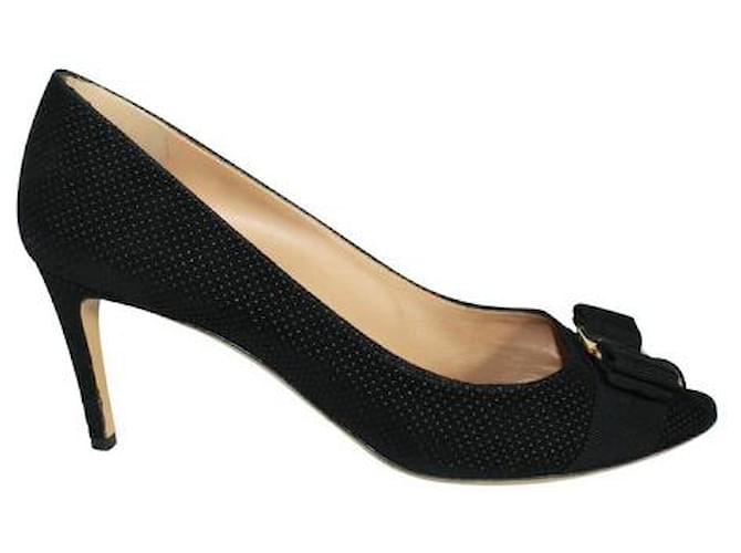 Salvatore Ferragamo Black Peep-Toe Heels with Bow Leather Metal  ref.1319877