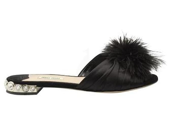 Miu Miu Black Satin with Ostrich Feather Crystal Sandals  ref.1319893