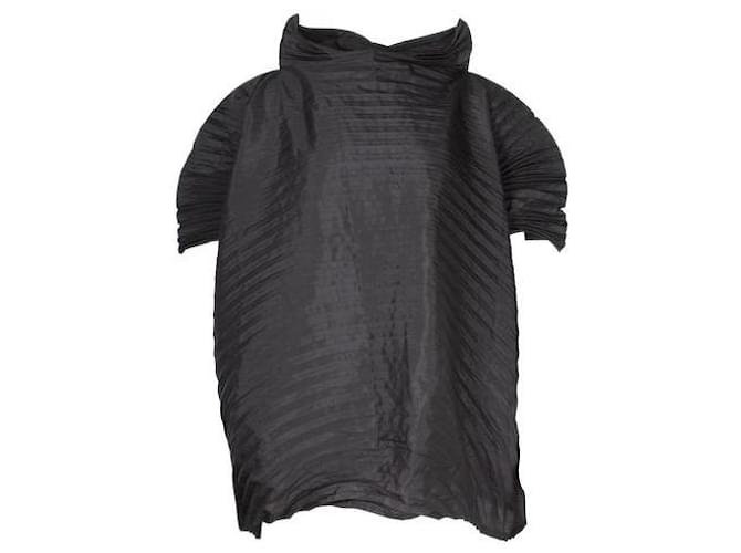 Issey Miyake Black Pleated Turtleneck Oversized Top Polyester  ref.1319908