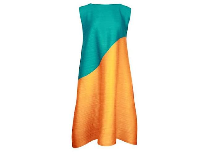 Pleats Please Tunique plissée turquoise et orange/Robe Polyester Multicolore  ref.1319917