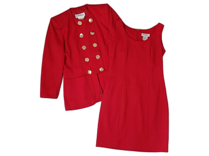 Yves Saint Laurent Red jacket with golden buttons and matching sheath dress  YSL vintage 1994 Wool  ref.1319936