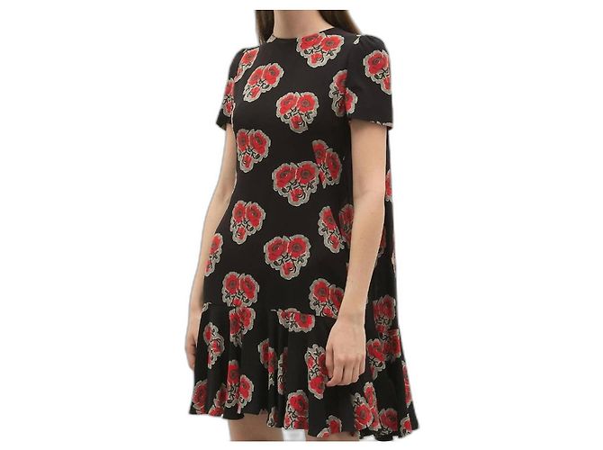 Alexander McQueen Seidenkleid Schwarz Rot mit Mohnblumenmuster
