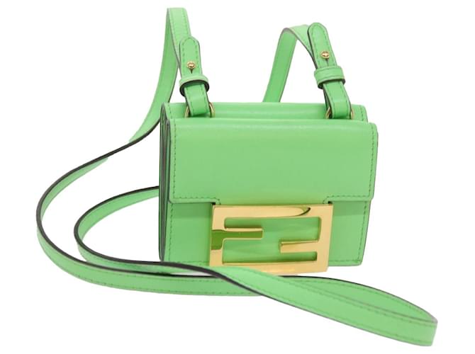 FENDI Mamma Baguette Shoulder Bag Leather Green Auth 68908A  ref.1320250