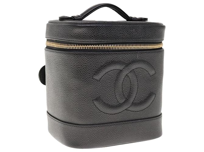 CHANEL Vanity Cosmetic Pouch Caviar Skin Black CC Auth 65257A  ref.1320309