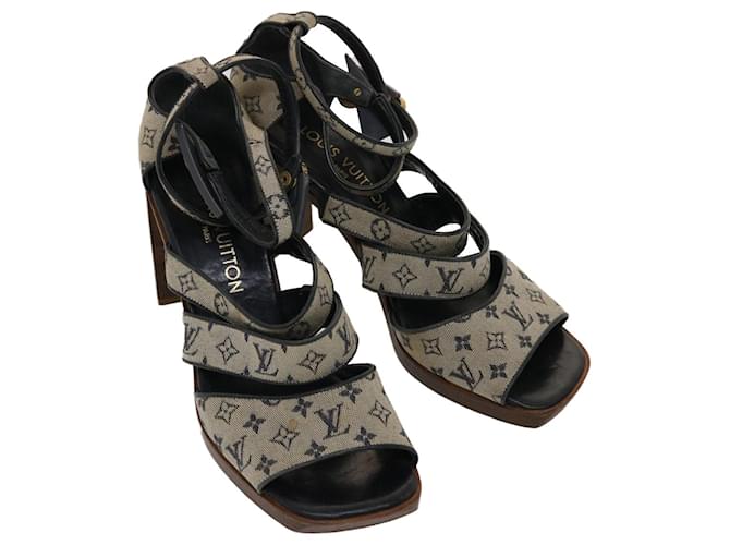 LOUIS VUITTON Monogram Mini High Heels Holz  38 Blau LV Auth ac2058  ref.1320398