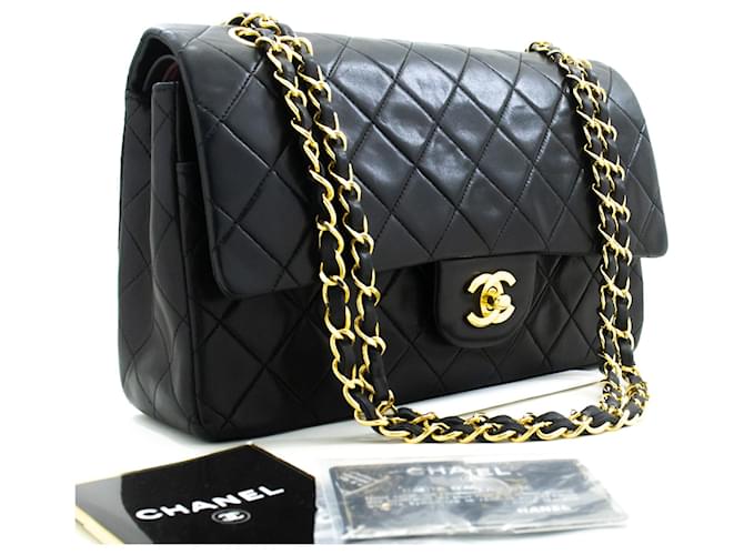 Chanel Classic gefütterte Klappe 10"Chain Shoulder Bag Black Lambskin Schwarz Leder  ref.1320420