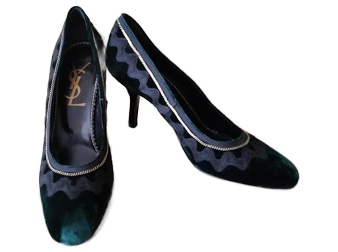Yves Saint Laurent Zapatos de tacón Negro Verde Terciopelo  ref.1320446