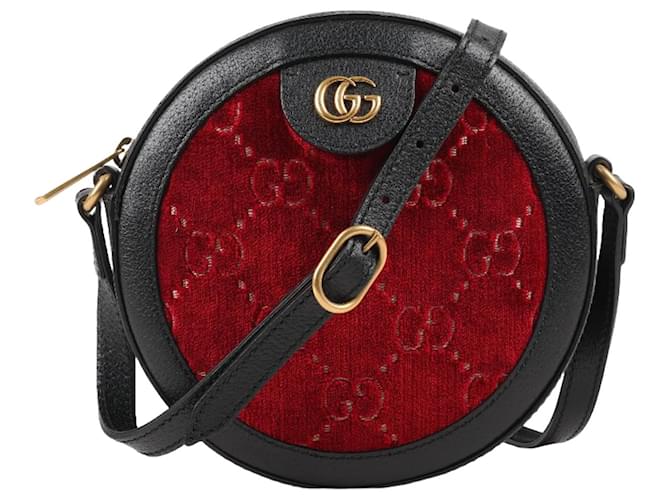 GUCCI Velvet GG Monogram Textured Calfskin Round Shoulder Bag Red Cipria Black 574978 Leather  ref.1320592