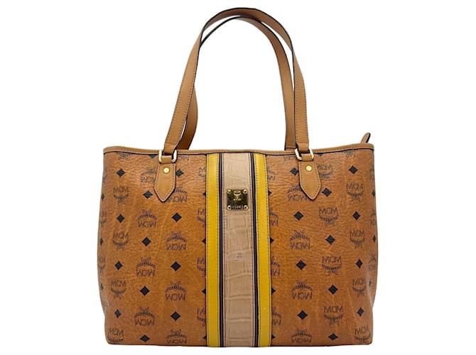 MCM Top Zip Shopper Bag Medium Shoulder Bag Stripe Handbag Logo Cognac  ref.1320610