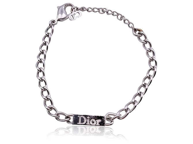 Christian Dior Bracciale con logo a maglie di catena in metallo argentato Argento Argento  ref.1320657