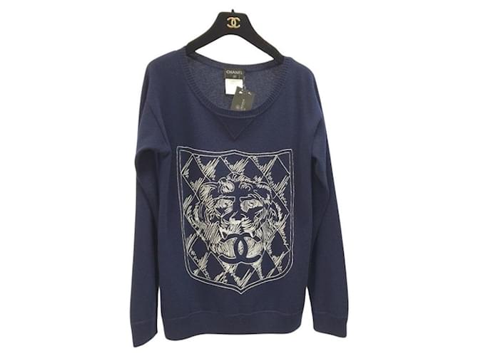Suéter de Caxemira com o logotipo da Chanel e leão. Azul escuro Casimira  ref.1320804