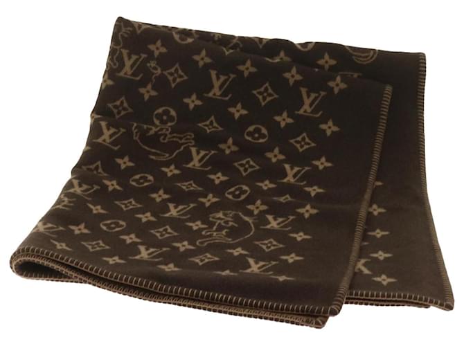 LOUIS VUITTON Catgram Blanket Couverture Wool Cashmere MP2259 LV Auth yk11225A Brown  ref.1320843
