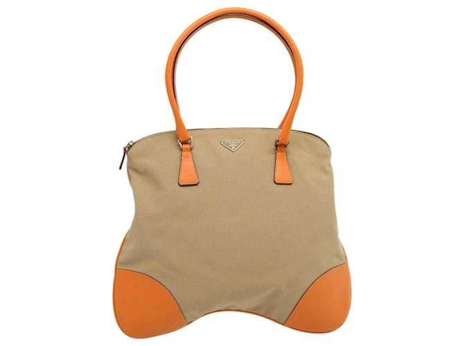 PRADA Tote Bag Canvas Beige Orange Auth 69350 Cloth  ref.1320951