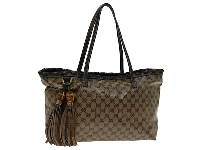 Borsa tote in bambù GUCCI con frange di cristallo GG Marrone 218780 Auth ki4286 Tela  ref.1320964