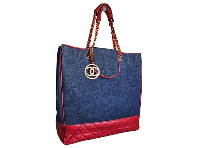 Chanel tote vintage Red Blue Denim  ref.1320990
