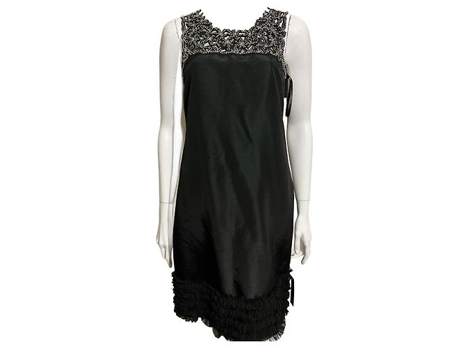 Jenny Packham Black satin cocktail dress with pearl embroidery Silvery