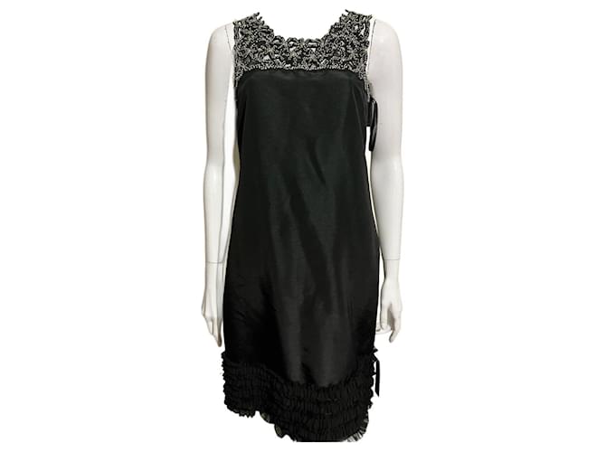 Jenny Packham Vestido de coquetel preto de cetim com bordado de pérolas Prata Poliéster  ref.1321079