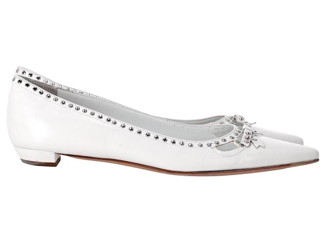 Bow Prada Studded Pointed-Toe Ballet Flats in White Leather  ref.1321173