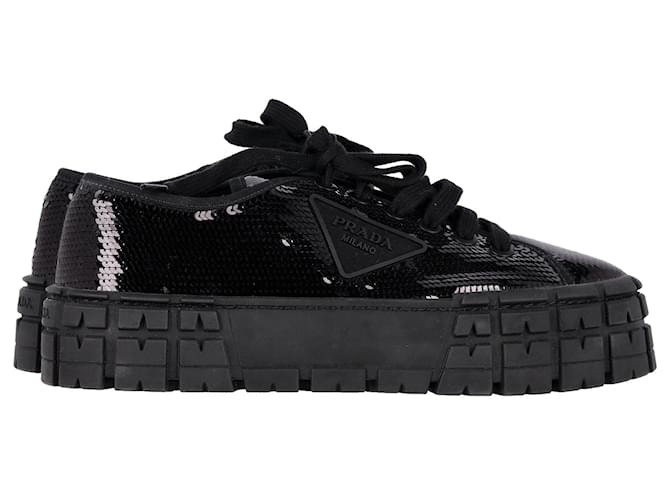 Double Prada lined Wheel Platform Sneaker in Black Sequin  ref.1321181
