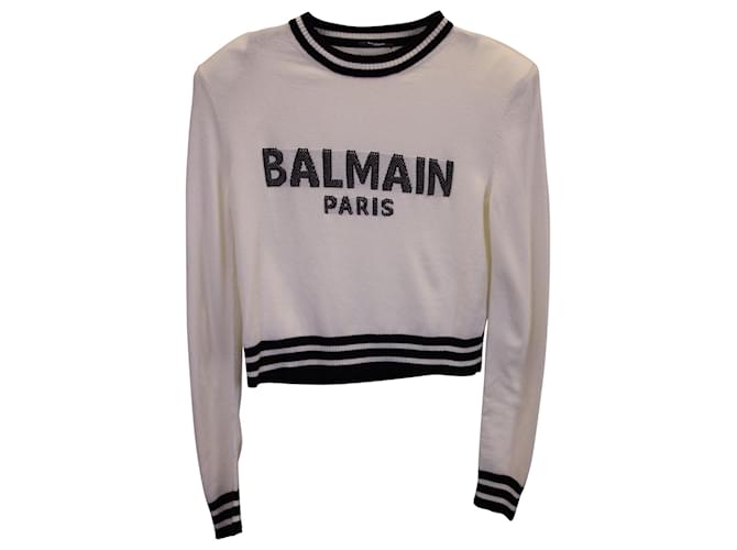 Balmain Logo Cropped Sweatshirt in White Wool  ref.1321208
