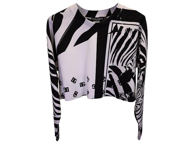 Felpa cropped con stampa zebrata Dolce & Gabbana in cotone bianco e nero  ref.1321209