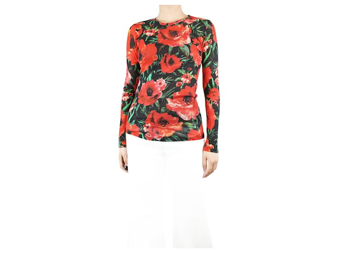 Balmain Red and black floral printed top - size UK 10 Wool  ref.1321225