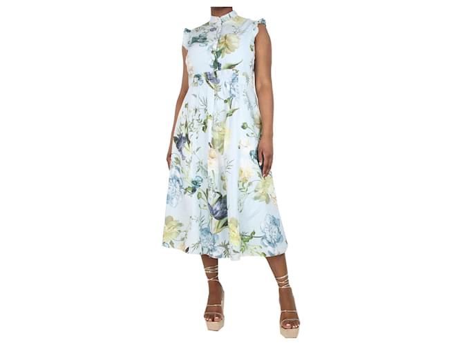 Erdem Light blue sleeveless floral printed midi dress - size UK 14 Cotton  ref.1321235
