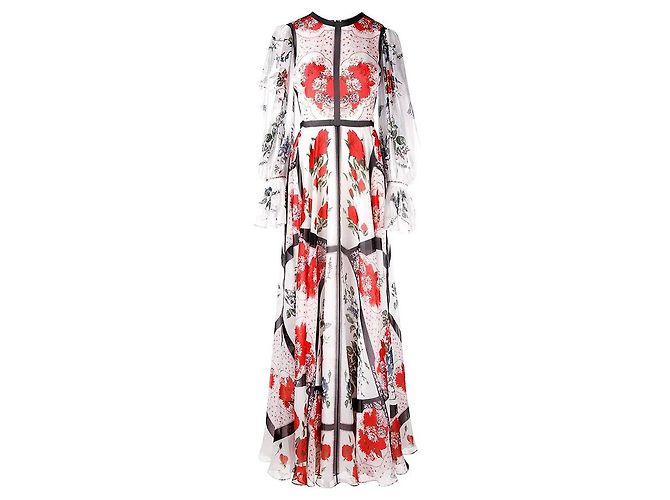 Alexander McQueen Blumen-Schmetterling Floaty Seiden-Chiffon Maxikleidrobe Schwarz Weiß Bordeaux