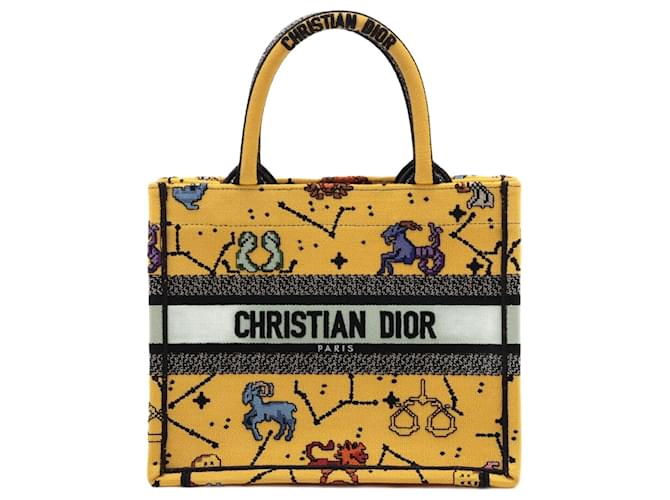 Dior Book Tote Small Embroidery Canvas Tote Bag Yellow Cloth  ref.1321438