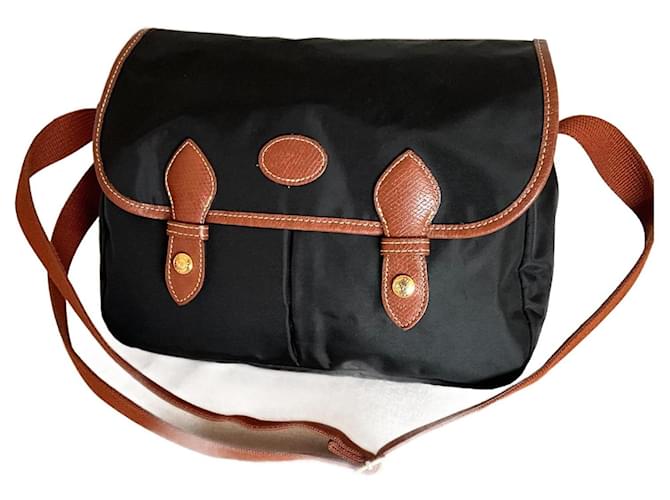 Longchamp Folding messenger bag Brown Black Leather Nylon  ref.1321457