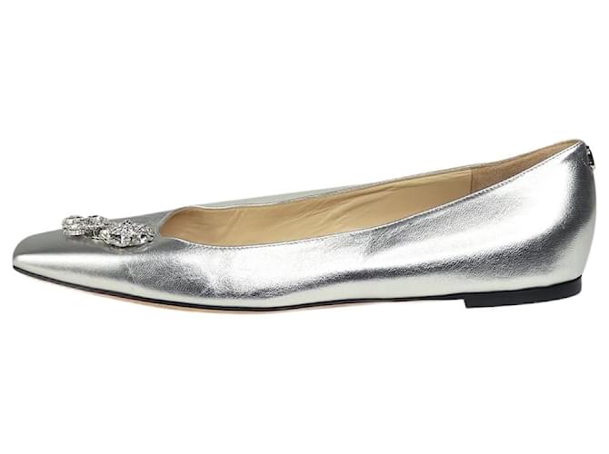 Jimmy Choo Silver bejewelled flats with square toe - size EU 41.5 Silvery Leather  ref.1321464