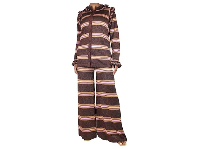 Autre Marque Conjunto de cardigan e calça listrada marrom brilhante com babados - tamanho L Viscose  ref.1321472