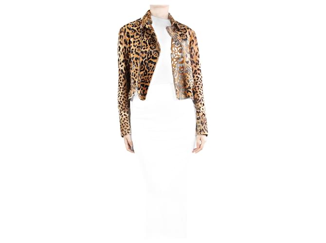 Ralph Lauren Leopard print calf-hair biker jacket - size UK 12 Brown  ref.1321479