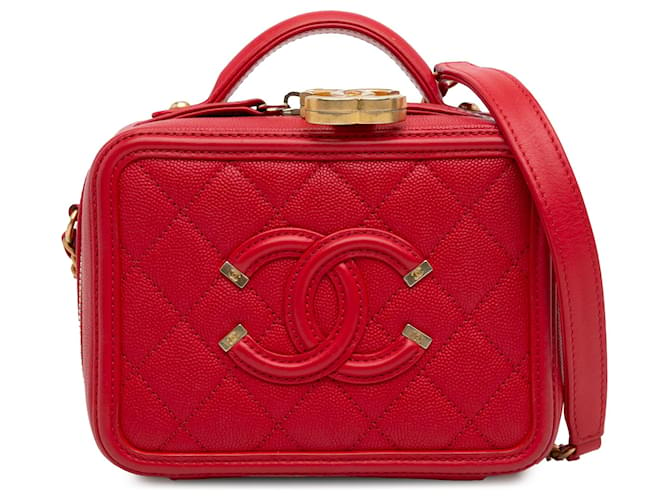 Vanity Chanel Beauty Case in filigrana CC caviale rosso piccolo Pelle  ref.1321538