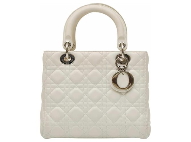Bolsa de ombro média Lady Dior branca em couro acolchoado Cannage da Christian Dior. Branco  ref.1321727
