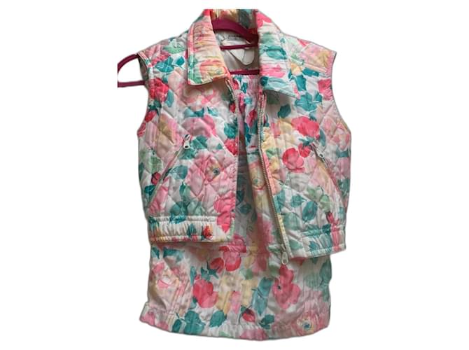 Veste courte et jupe vintage Chanel matelassées à motif floral Polyester Multicolore Écru Corail Pêche Turquoise  ref.1322167