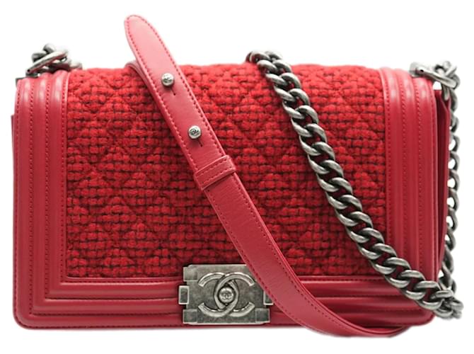 Chanel Red Quilted Tweed Lambskin Old Medium Boy Bag Leather Cloth  ref.1322189