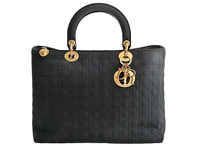 Christian Dior Lady Dior Grande Handtasche aus schwarzem Canvas Leinwand  ref.1322216