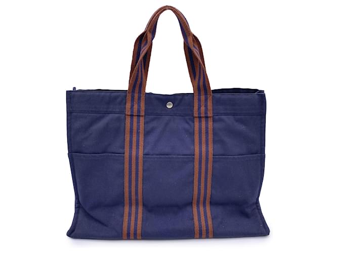 Hermès Hermes Paris Vintage Blue and Brown Canvas Fourre Tout GM Bag Tote Cotton  ref.1322219