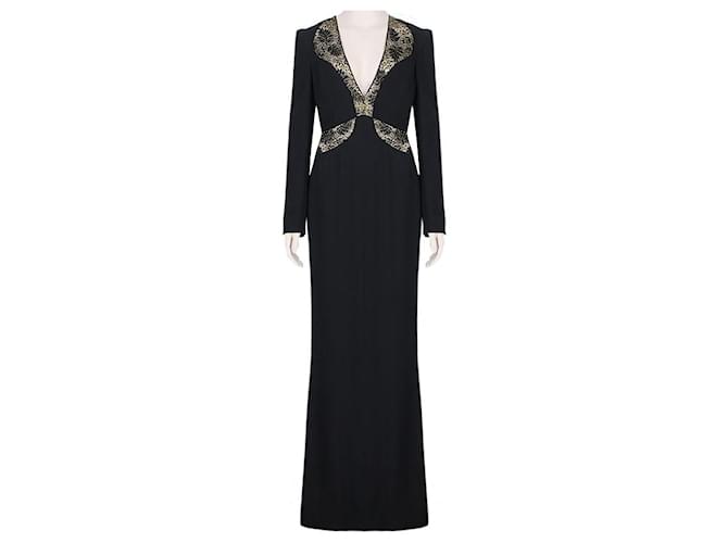 Alexander McQueen Black Gold Lace Detailed Full-Length Gown Dress Golden Silk Rayon Acetate  ref.1322233