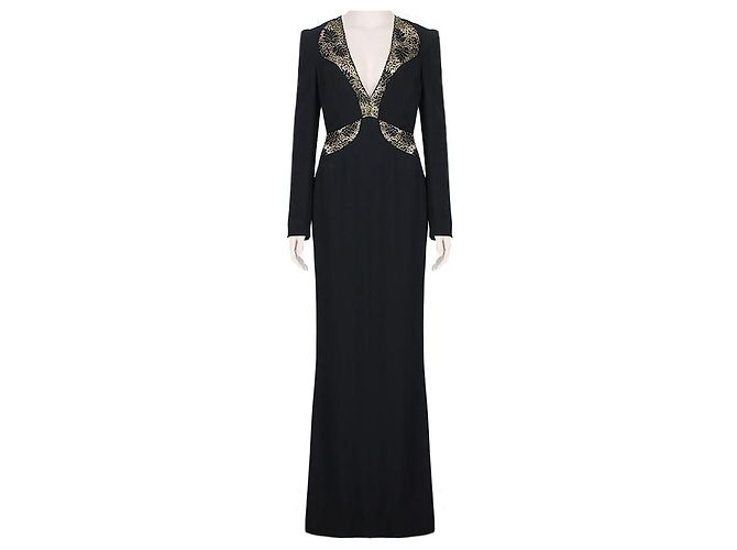 Alexander McQueen Schwarz Gold Spitzenbesetztes bodenlanges Abendkleid Golden