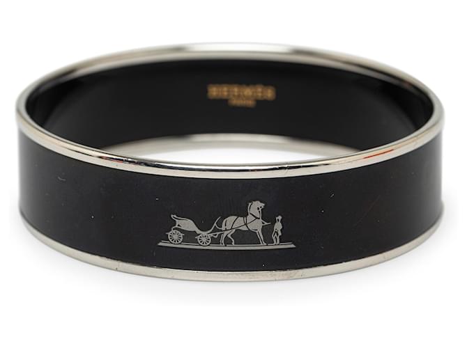 Hermès Schwarzes Caleche Breites Emaille-Armband Silber Metall  ref.1322260