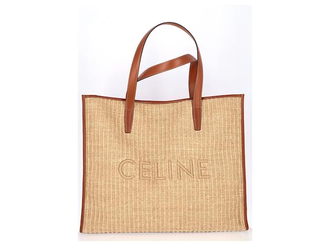 Céline Borsa Cabas grande con logo Celine ricamato in rafia beige  ref.1322340