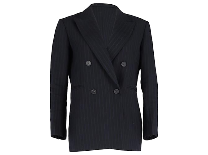Sandro Paris Striped Double-Breasted Blazer in Navy Blue Cotton  ref.1322349