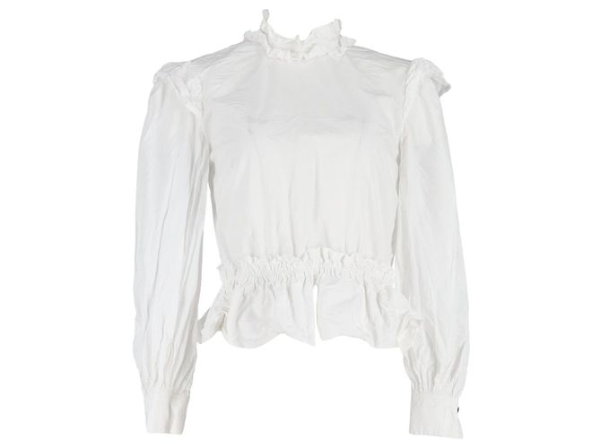 Blouse à col montant à volants Ganni en coton blanc