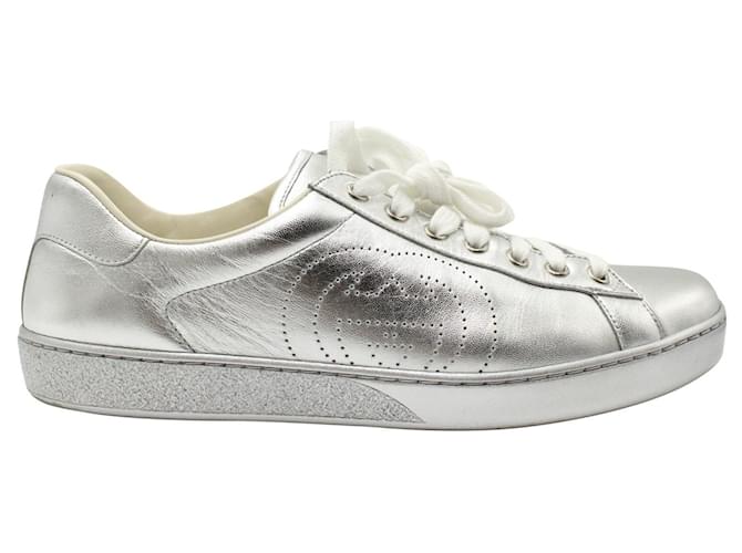 Gucci Glitter Ace Sneakers in Silver Leather Silvery Metallic  ref.1322356