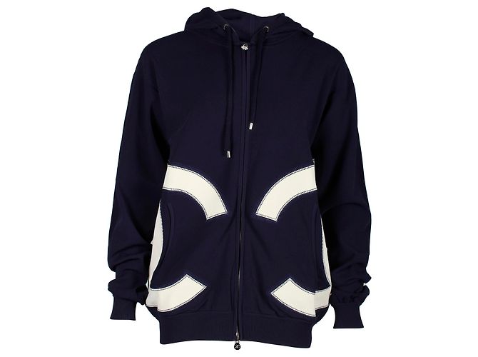 Felpa Chanel CC con cappuccio e zip in cotone blu navy