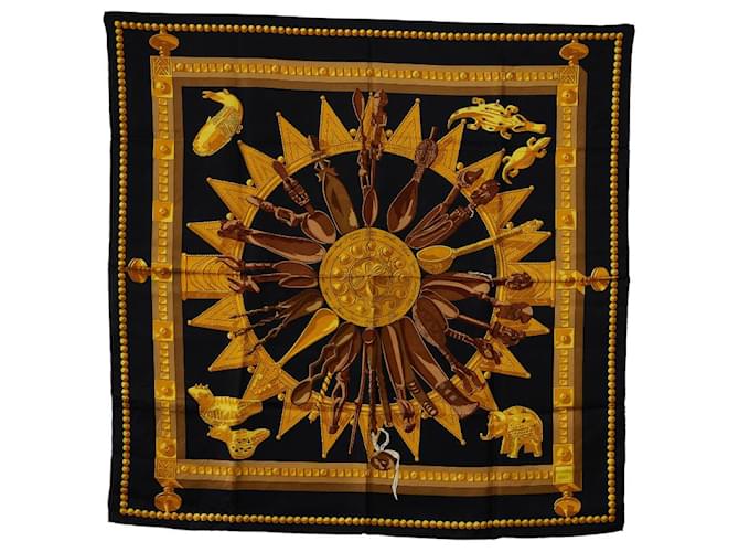 Écharpe Hermès en soie 88cm x 87cm Carre 90 CUILLERS D'AFRIQUE en très bon état Toile Noir  ref.1322403